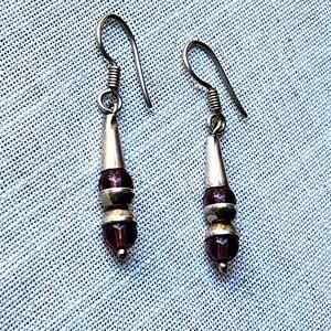 Vintage Space Age Sterling Silver, Amethyst Bead Earrings